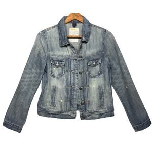 J Crew Denim Button Up Casual Distressed Blue Jean Jacket Women Small